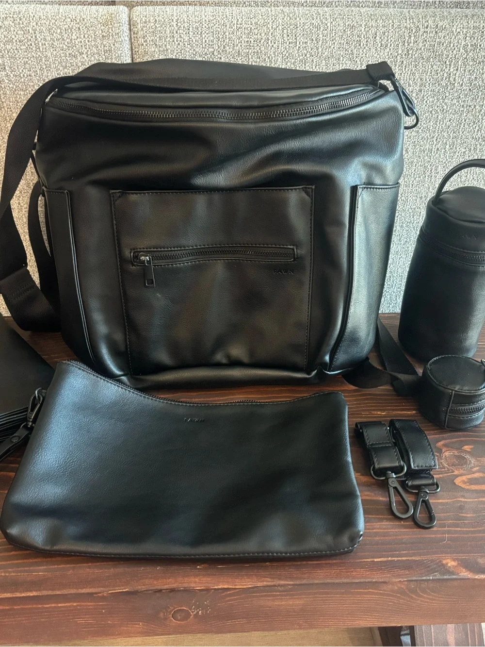 Fawn Design Black Leather Baby Bag with Accessories